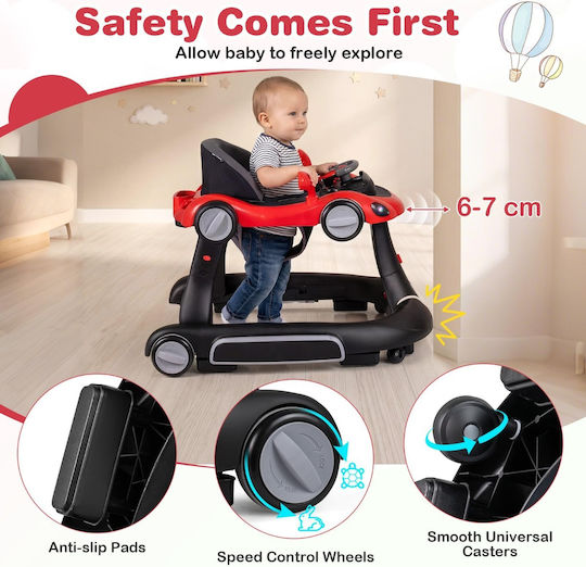 Costway Baby Walker 7 in 1 Foldable Canopy Adjustable Height Speed Red 79-83 x 62 x 72 Cm Bc10310br
