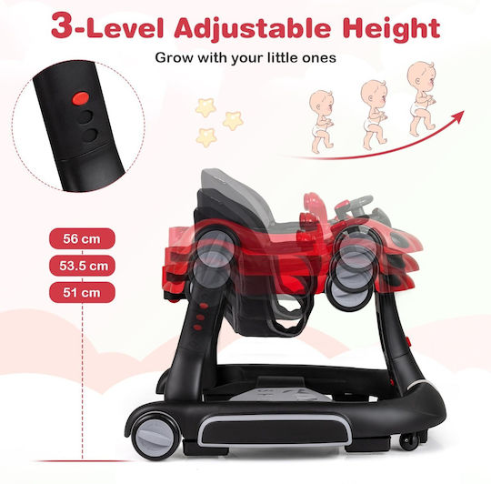 Costway Baby Walker 7 in 1 Foldable Canopy Adjustable Height Speed Red 79-83 x 62 x 72 Cm Bc10310br