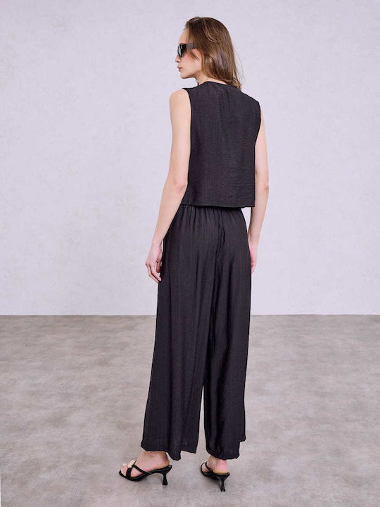 Celestino Γυναικεία Παντελόνα Ανάγλυφο Ύφασμα Loose Fit Μαύρο