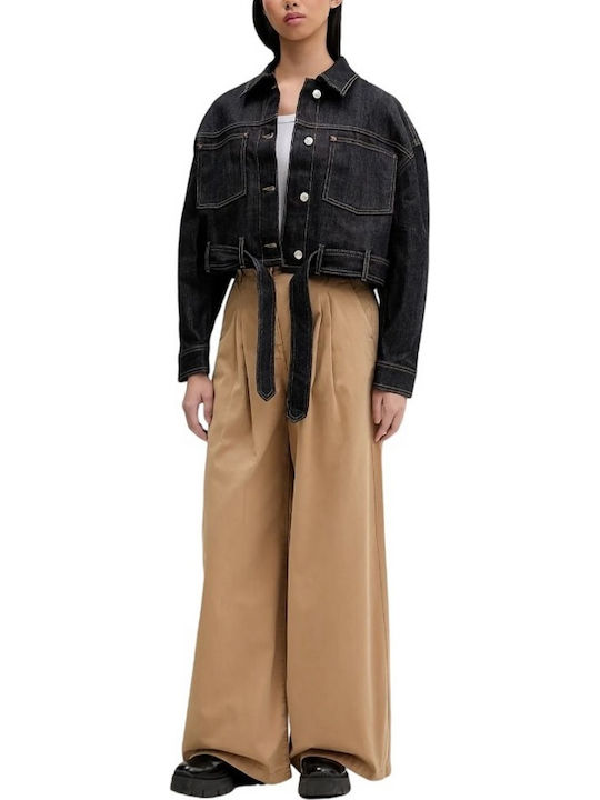 Pantaloni Largi Dama Din Bumbac Cămilă