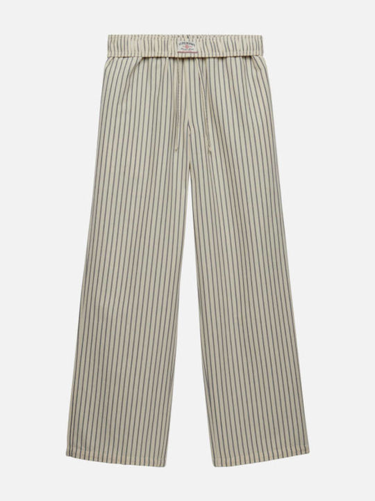 Women's Fabric Capri Trousers with Rubber Band Striped Blue