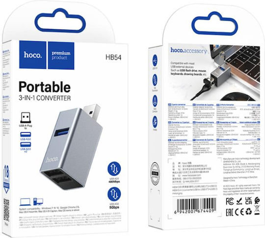 Hoco USB-Hub mit 3 Anschlüssen USB-A Grau