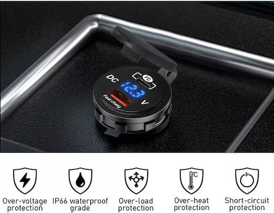 Wasserbeständiger Motorrad-Handy-Ladegerät mit Schnellladen mit USB- und USB-C-Anschlüssen mit Voltometer