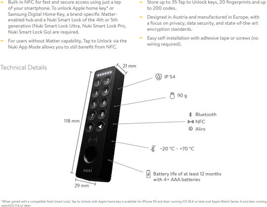 Nuki Keypad Security Alarm Keypad in Black Colour NUKI-Keypad-2-NFC