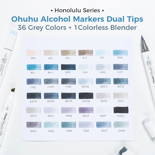 Ohuhu Honolulu Graue Zeichenstifte Malfarben mit Doppelspitze Packung 36Stück