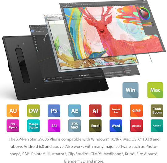 XP-Pen Star G960S Plus Графичен таблет без дисплей 6" Черен