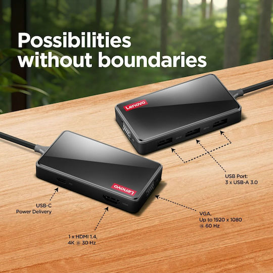 Lenovo 100 USB-C Docking Station με HDMI 4K PD και σύνδεση 2 Οθονών Μαύρο