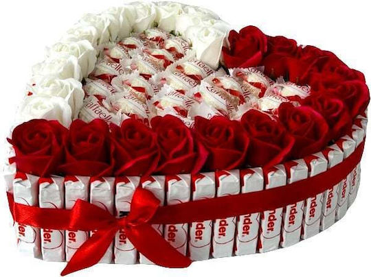 Aranjament Inimă Bonys 25 Trandafiri Săpun Praline Raffaello Batoane Ciocolată Kinder