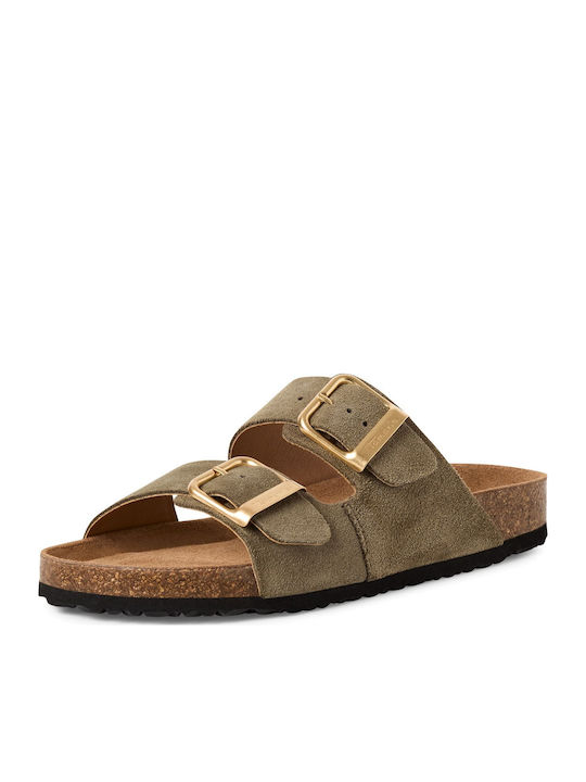 Leather Women's Flat Sandals Khaki