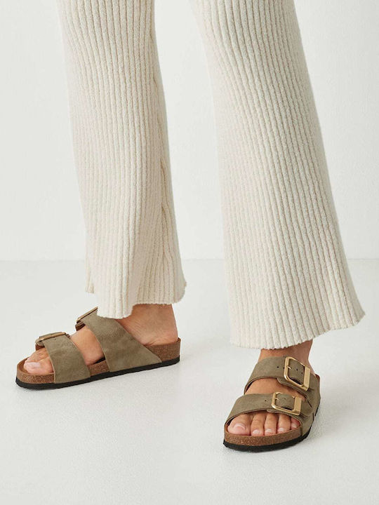 Leather Women's Flat Sandals Khaki