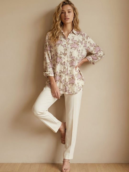 Long Sleeve Women's Denim Shirt Pink Floral