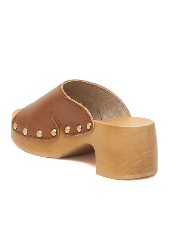 Pescura Leather Mules with Low Heel in Tabac Brown Colour