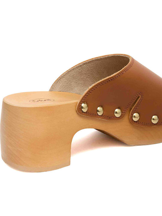Pescura Leather Mules with Low Heel in Tabac Brown Colour