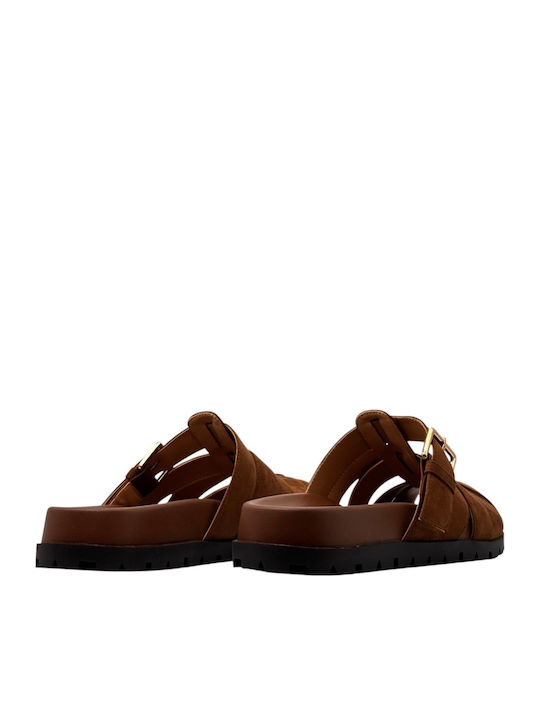 Suede Mules με Τακούνι σε Καφέ Χρώμα