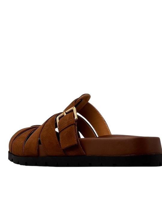 Suede Mules με Τακούνι σε Καφέ Χρώμα