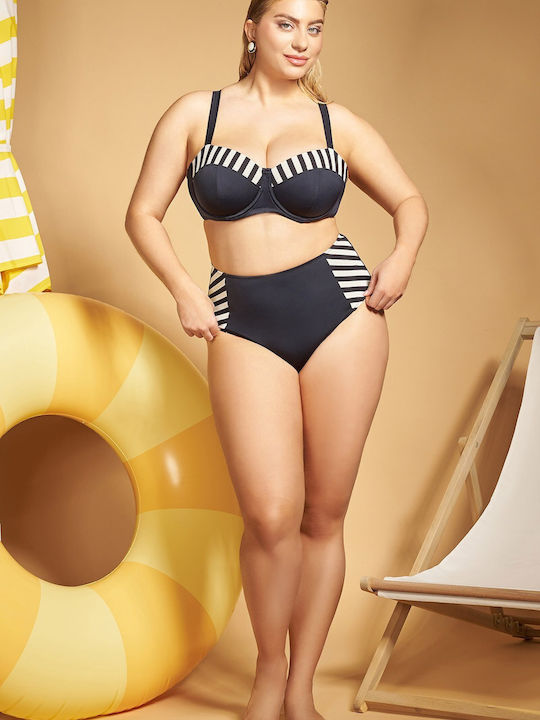 Set Bikini Push Up Talie Înaltă Cu Dungi Negru