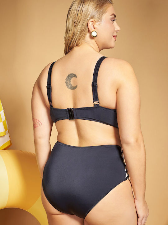 Set Bikini Push Up Talie Înaltă Cu Dungi Negru