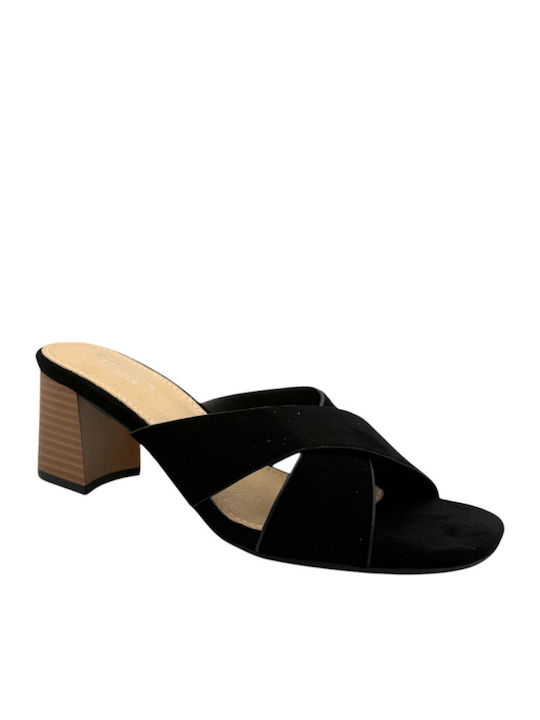 Suede Mules With Heel In Black Color