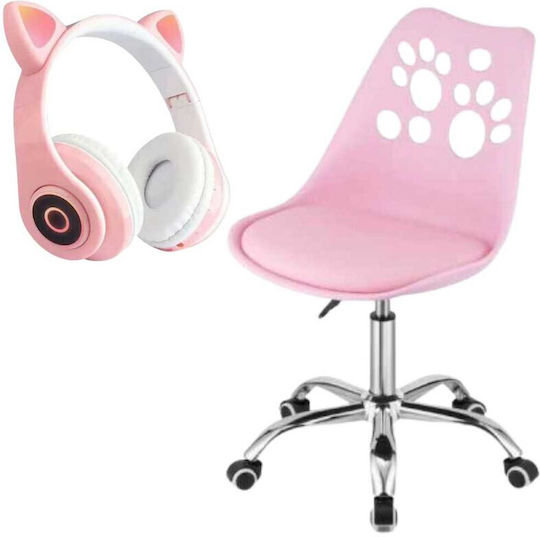 Mercaton Office Chair 5 Rubber Wheels Eco Leather Cushion Pp Seat Aluminum Frame 50 X 60 X 89 Cm Pink Wireless Led Headphones Card Slot Cat Ear Model Pink