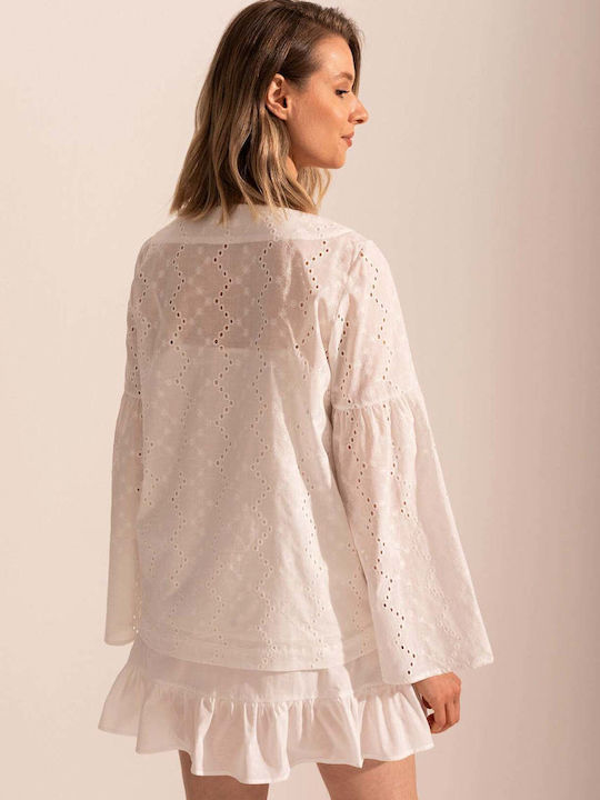 Bluza Damă Bumbac Mânecă Lungă Albă