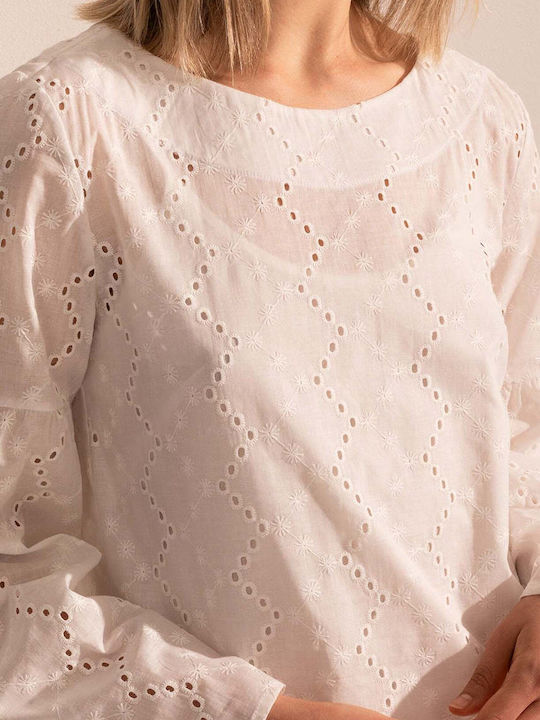 Bluza Damă Bumbac Mânecă Lungă Albă