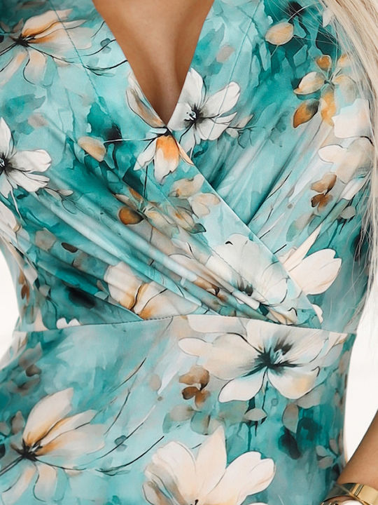 Summer Mini Evening Dress Beige Floral On A Turquoise Background