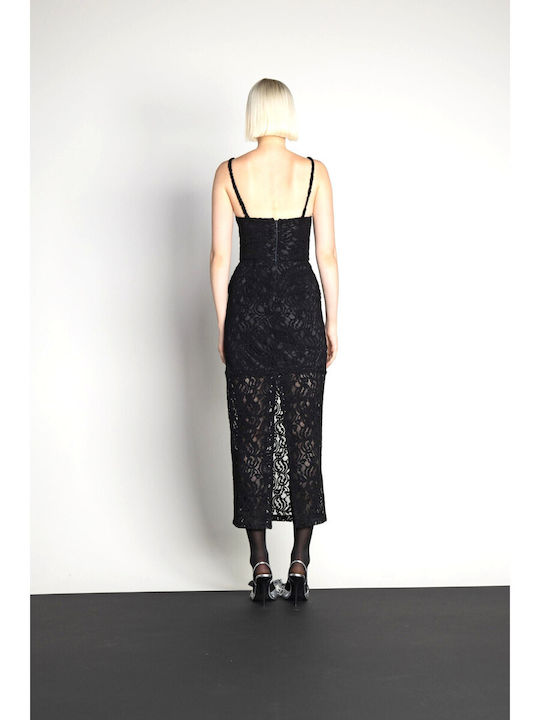 Summer Midi Evening Dress with Lace Black