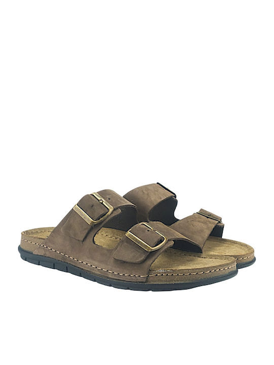 Leather Men's Sandals In Tabac Brown Colour