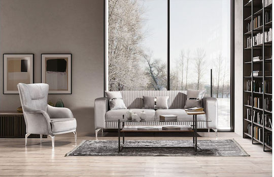 Stewehome Σετ Σαλονιού Prenses 3+3+1 Λευκά Πόδια Ανθρακί Κρεμ 225x90x77 Cm