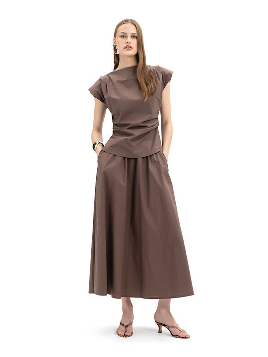 Hoch Taille Midi Damenrock Braun