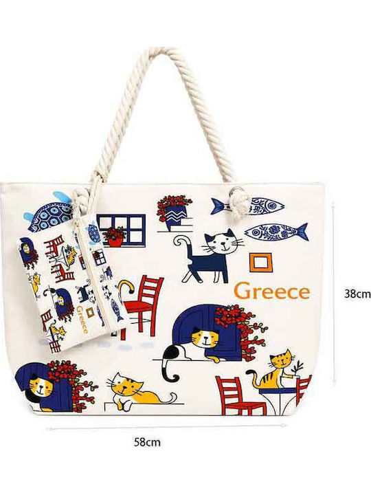 Σχέδιο Γάτες Υφασμάτινη Τσάντα Θαλάσσης Λευκή Σχέδιο Γάτες Υφασμάτινη Τσάντα Θαλάσσης Λευκή