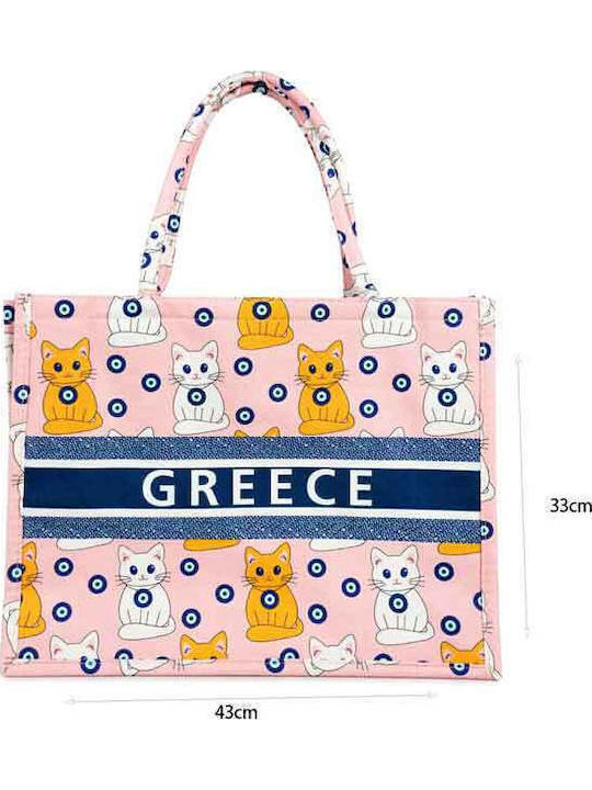 Greece Cat Design Fabric Beach Bag Pink Greece Cat Design Fabric Beach Bag Pink