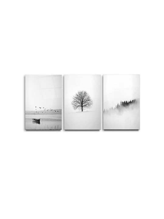 Threefold Glass Set of Black and White Landscape Painting (70x110cm)