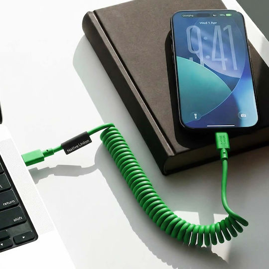 Native Union Usb-c To Usb-c Cable 60w Coiled 2.4m Pop Series Fast Charging Green