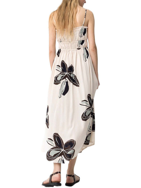 Summer Maxi Dress with Ruffles Beige with Blue Floral Pattern