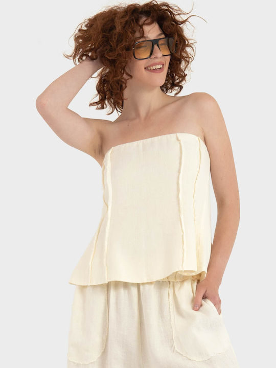 Damen Sommer Leinen Bluse Ecru