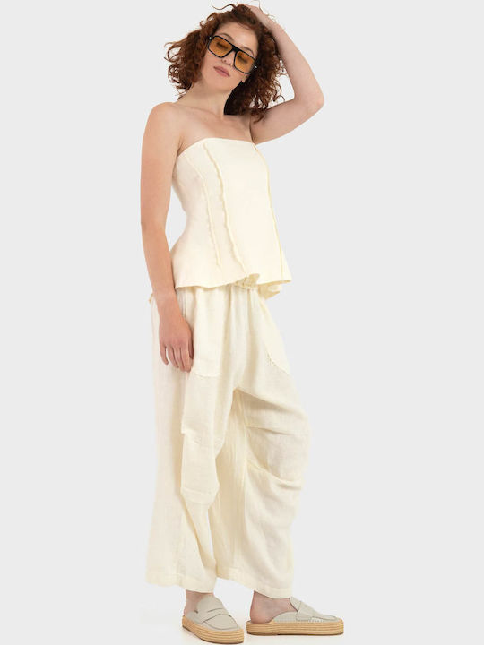 Damen Sommer Leinen Bluse Ecru