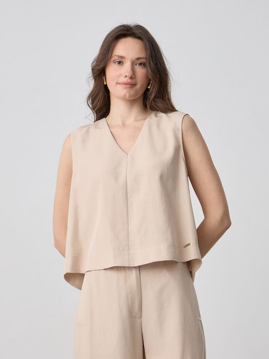 Women's Summer Linen Sleeveless Blouse with V Neckline Ecru