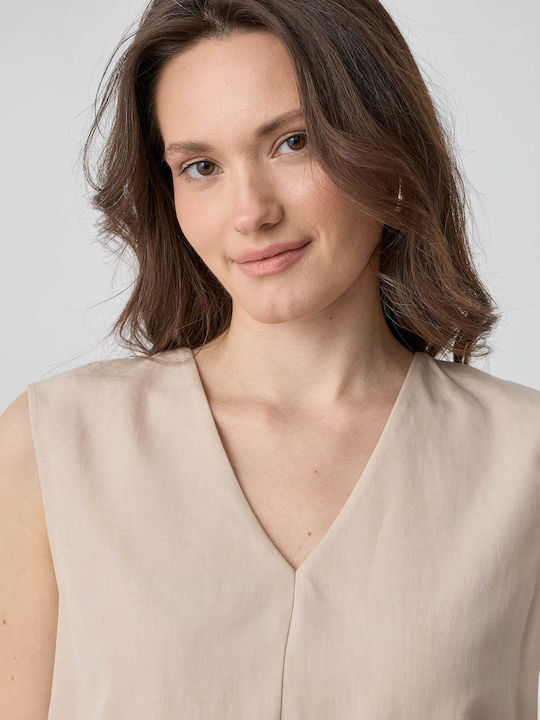 Women's Summer Linen Sleeveless Blouse with V Neckline Ecru