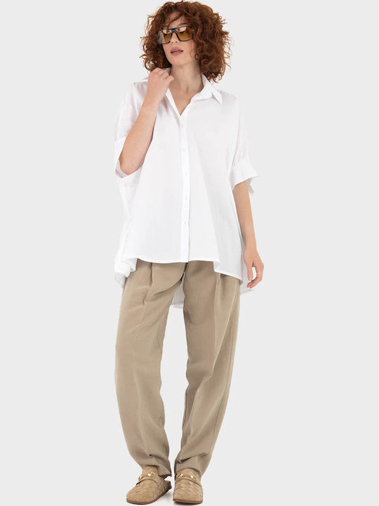 Women's Fabric Trousers in Carrot Fit Beige