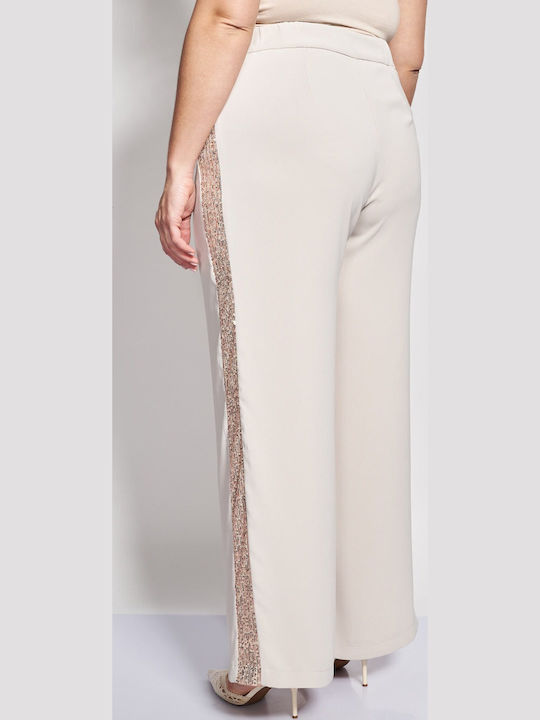 Pantaloni Dama Largi Bej High Rise Cu Paiete