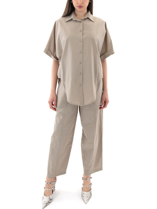 Damen Hochbund Stoff Capri Hosen mit Gummiband Beige S26B3208-Light-Khaki