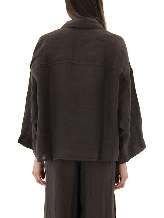 Black n Black Short Sleeve Women's Linen Shirt Brown Black n Black Short Sleeve Women's Linen Shirt Brown