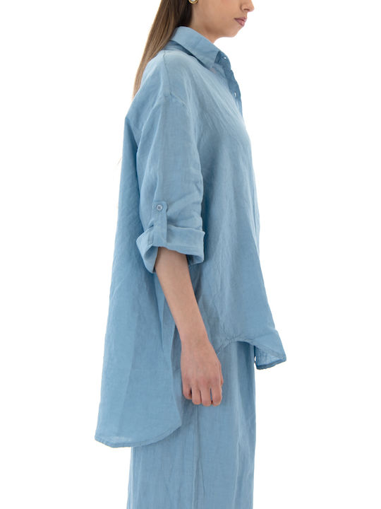 Short Sleeve Women's Linen Shirt Light Blue