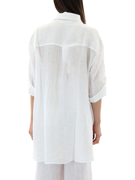 Black n Black Short Sleeve Women's Linen Shirt White