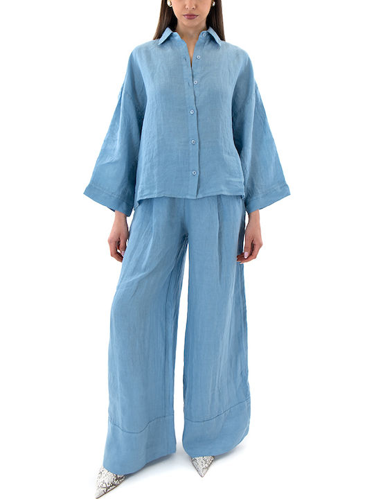 Short Sleeve Women's Linen Shirt Light Blue