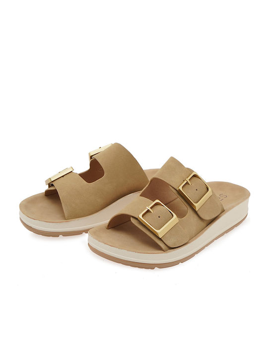 Leder Flache Sandalen für Damen Beige