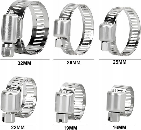 Set 34 Cleme Metalice Pentru Furtunuri Zola 6 Mărimi 16-32 Mm Cutie De Depozitare Argintii