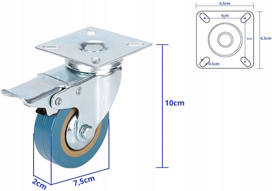 Set 4 Roți Rotative Cu Frână Placă 75 X 20 Mm Zola Cărucioare Mobilier 360° Rotație Silențioasă Cauciuc Tehnic Oțel Galvanizat Albastru