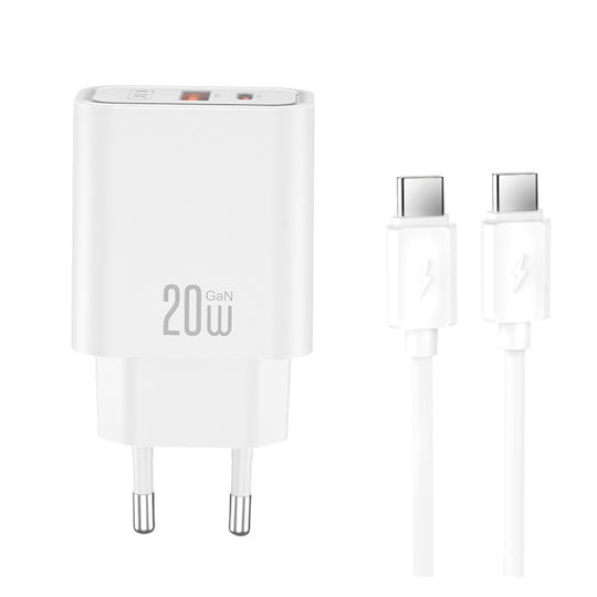 XO Зарядно Устройство GaN с USB-A Порт и USB-C Порт и Кабел USB-C - USB-C 20W Quick Charge 2.0 / Quick Charge 3.0 / Quick Charge 4.0 Бял (CE40)